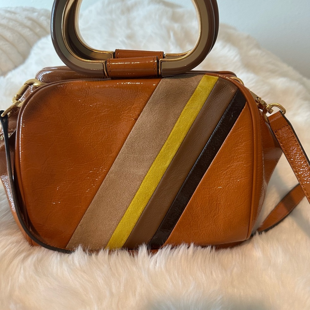 Tory Burch Tan and Yellow Crossbody Bag with Diagonal Stripe